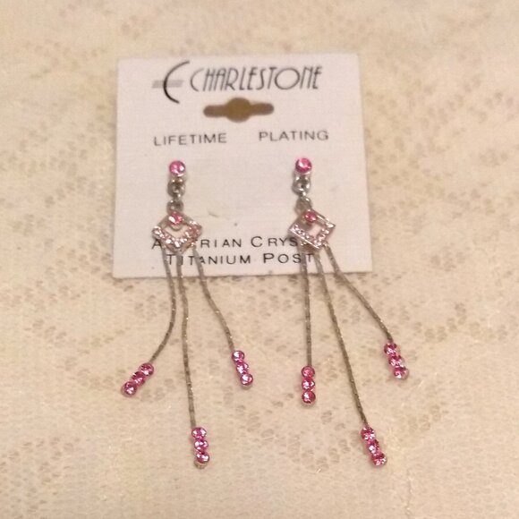 NEW Silver Plated Pink Crystal Long Drop Dangle Earrings Jewelry Gifts - Picture 7 of 7